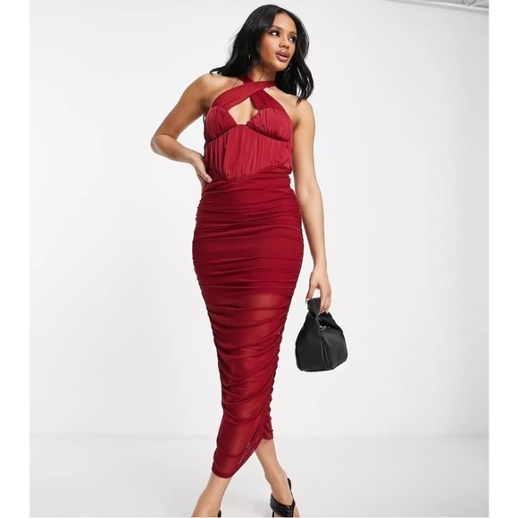 ASOS DESIGN Burgundy Red Oxblood Halter Mesh Ruched Midi Dress Size 6 - Picture 1 of 14